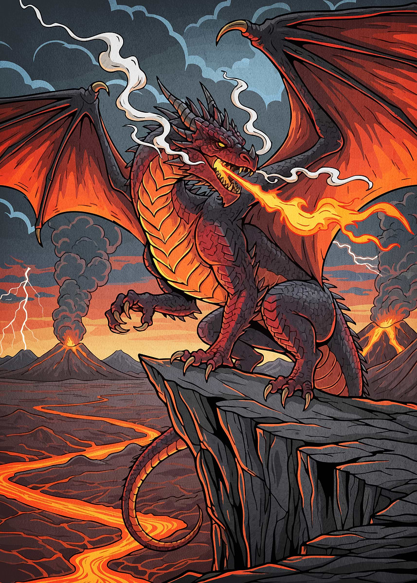 Dragon Fire Volcano Landscape' Poster, picture, metal print, paint
