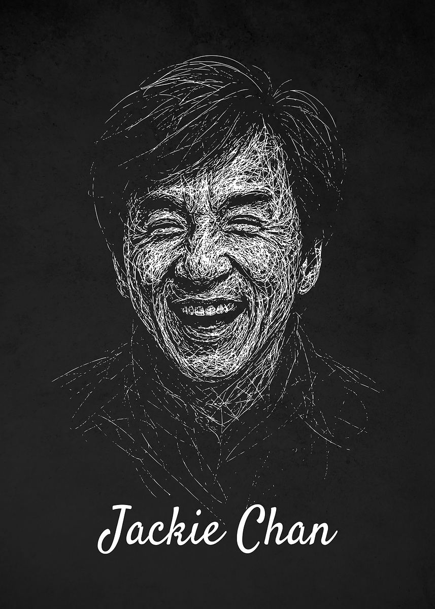Jackie Chan Portrait - White on Black Art' Poster, picture, metal