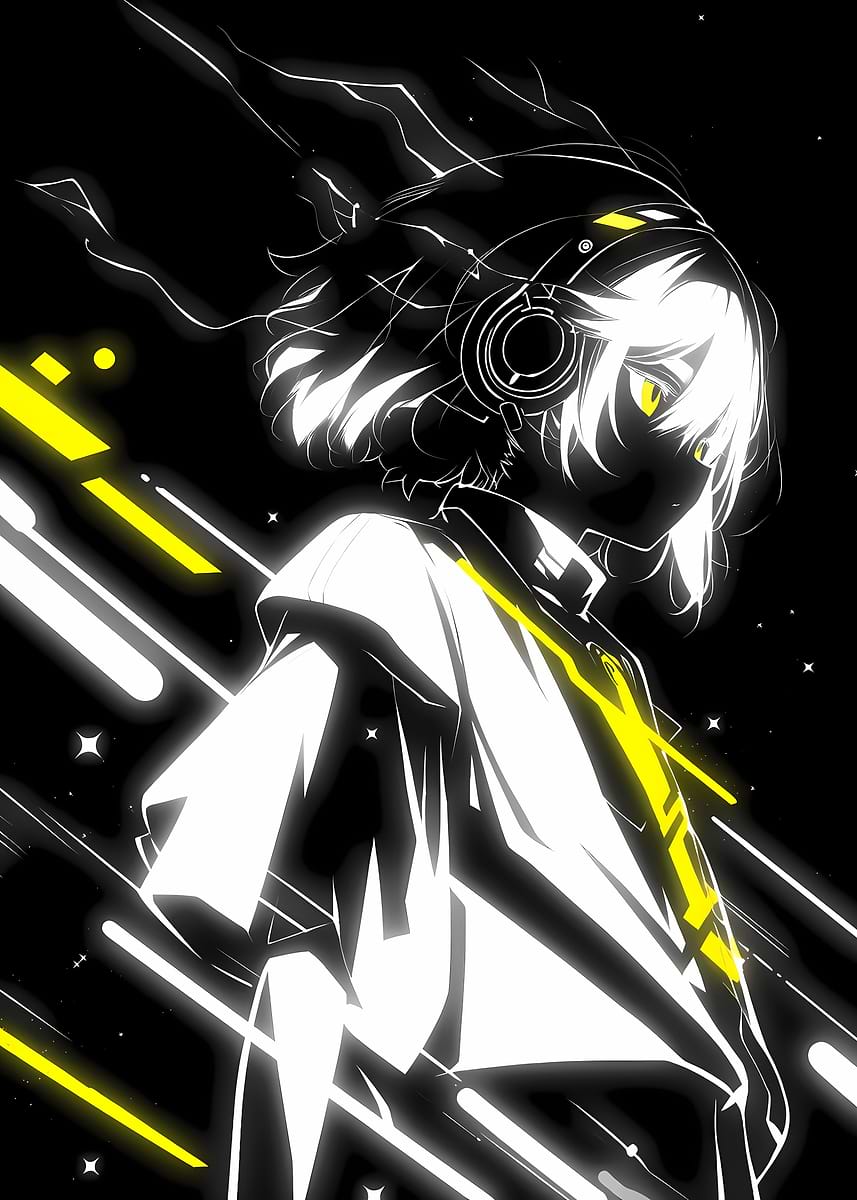 Anime Girl with Headphones in Neon' Poster, picture, metal print