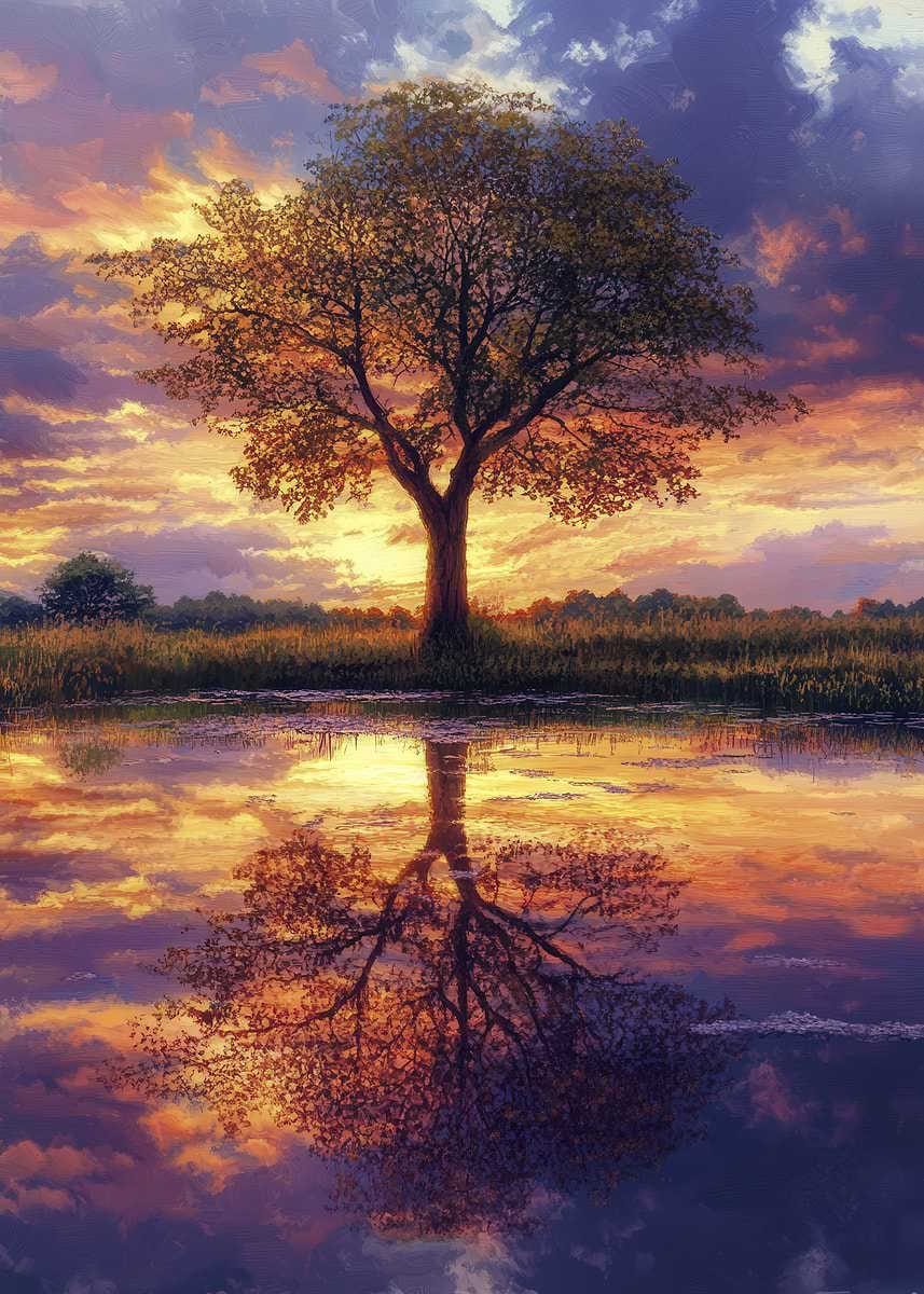 Reflective Tree Sunset 'Tree Reflection at Sunset' Poster, picture, metal print, paint by ...