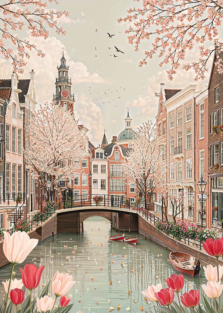 'Amsterdam Canal in Spring with Tulips' Poster, picture, metal print ...