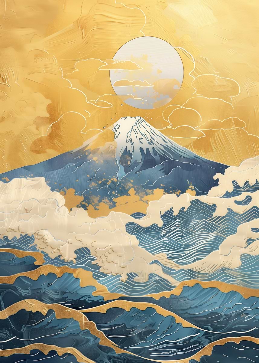 'Mount Fuji Art with Waves and Moon' Poster, picture, metal print ...