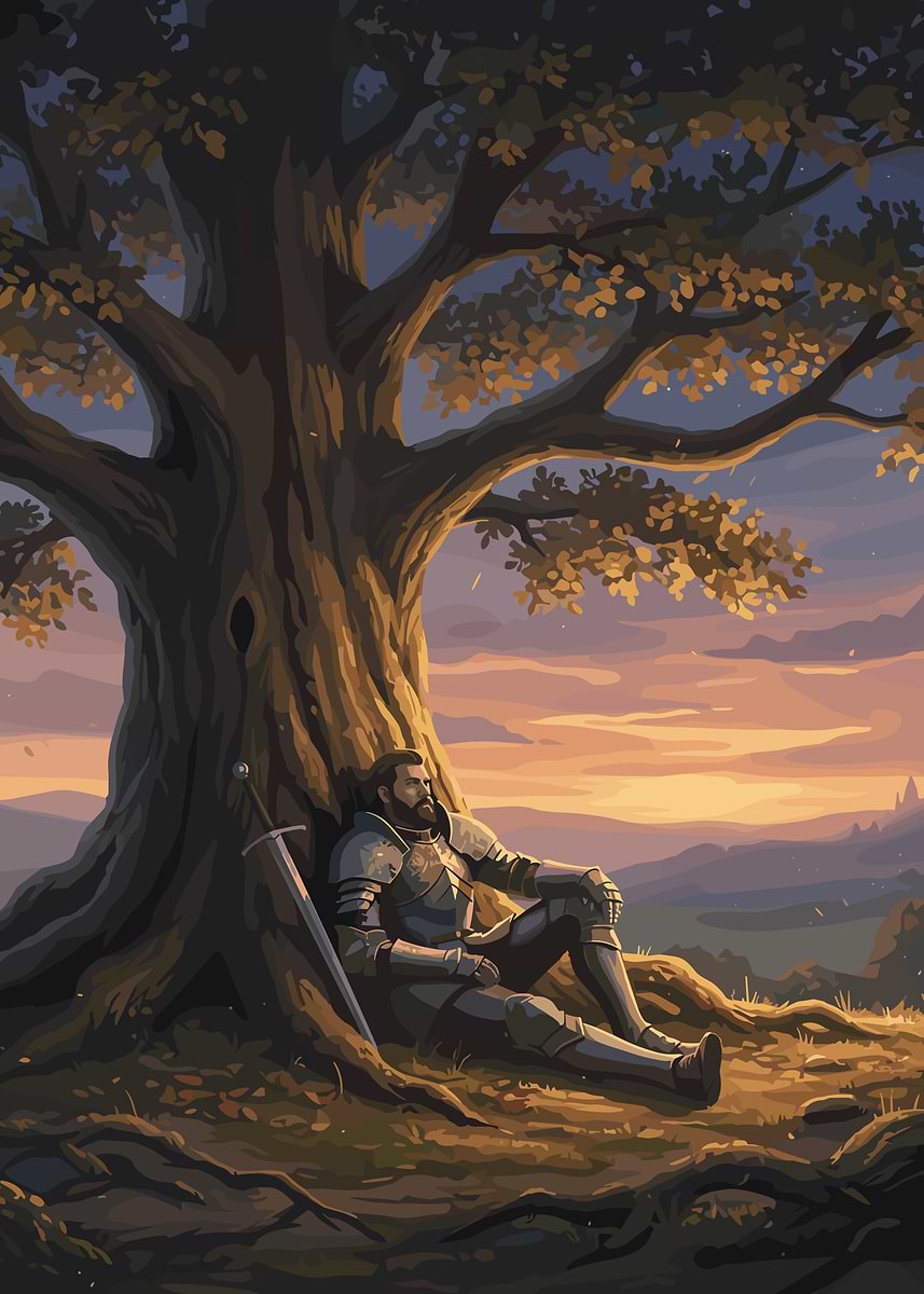 'Resting Knight Under Tree at Sunset' Poster, picture, metal print ...