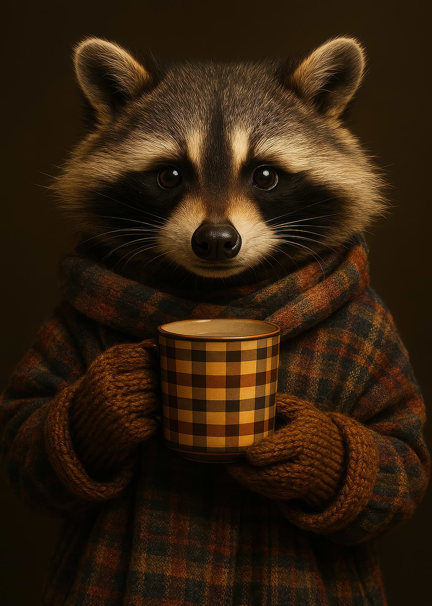 Expresso Racoons 'Cozy Raccoon with Coffee' Poster, picture, metal print, paint by Zalem ...