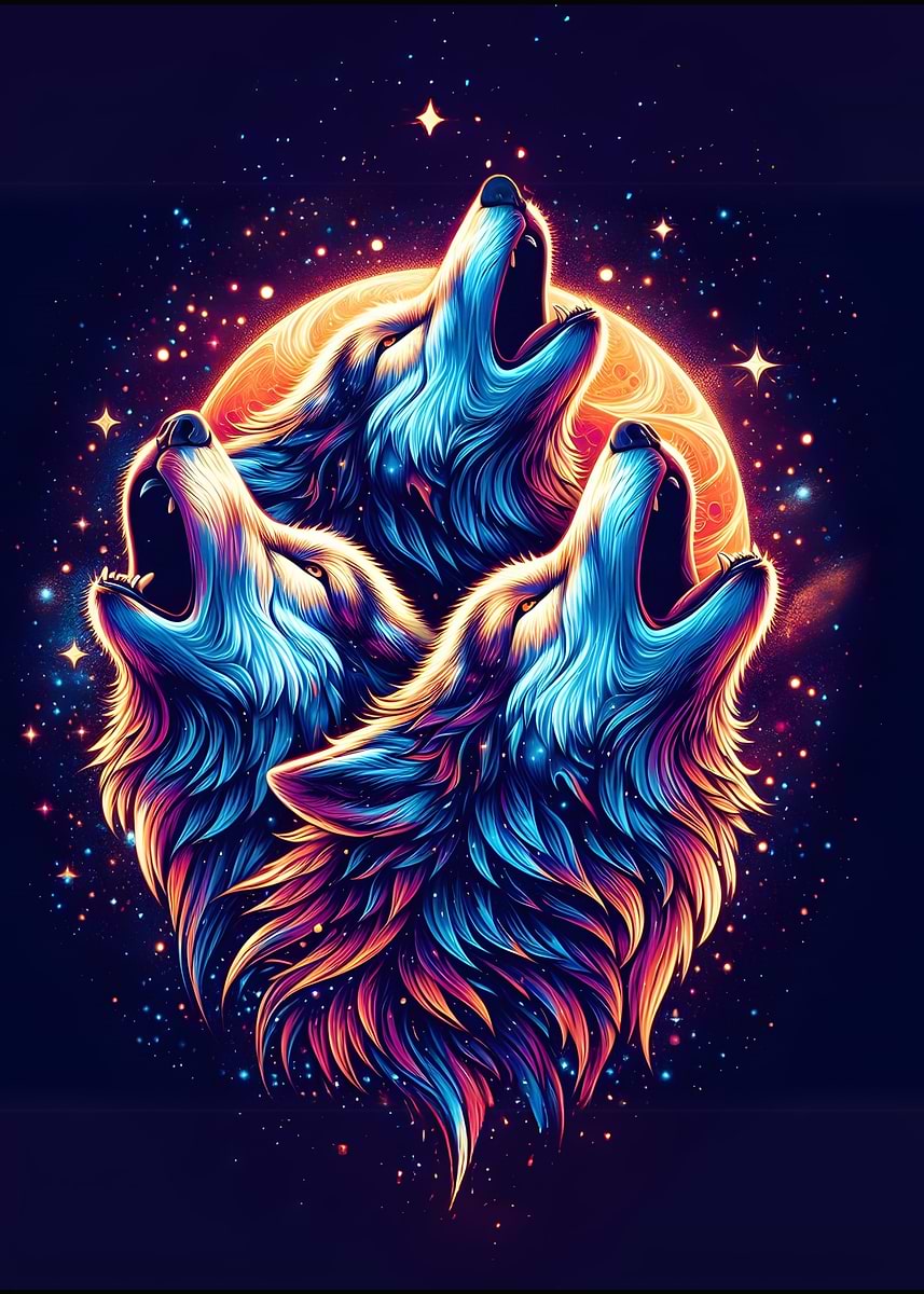'Three Wolves Howling at the Moon' Poster, picture, metal print, paint ...