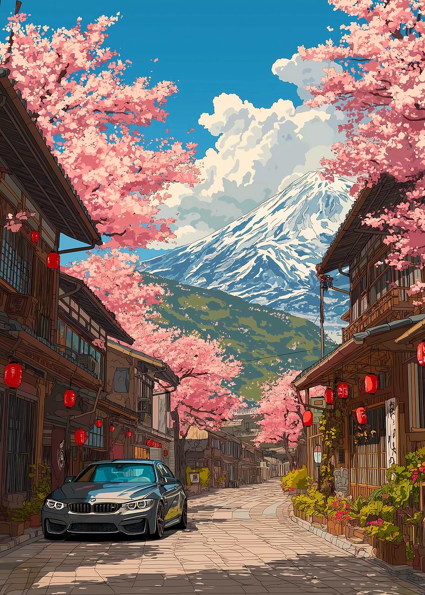 BMW in Japanese Cherry Blossom Street' Poster, picture, metal