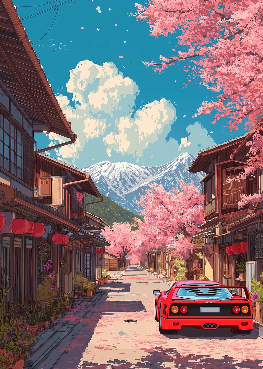 Red Car in Japanese Cherry Blossom' Poster, picture, metal print