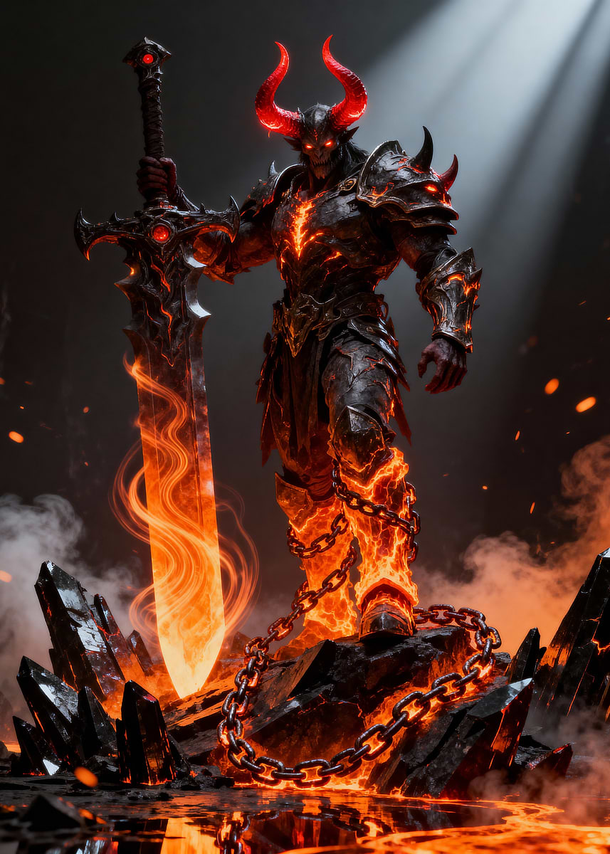 'Fiery Demon Warrior with Sword' Poster, picture, metal print, paint by ...