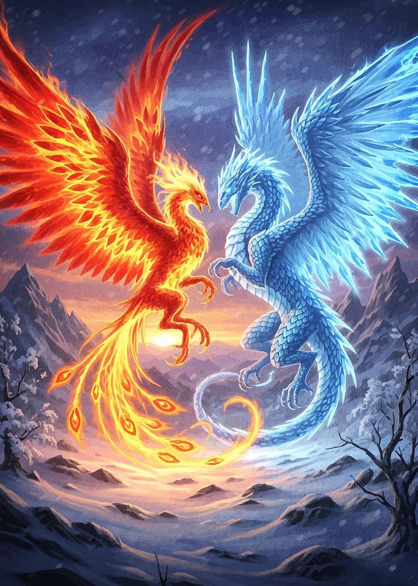 Fire Phoenix Ice Dragon ' Poster, picture, metal print, paint by