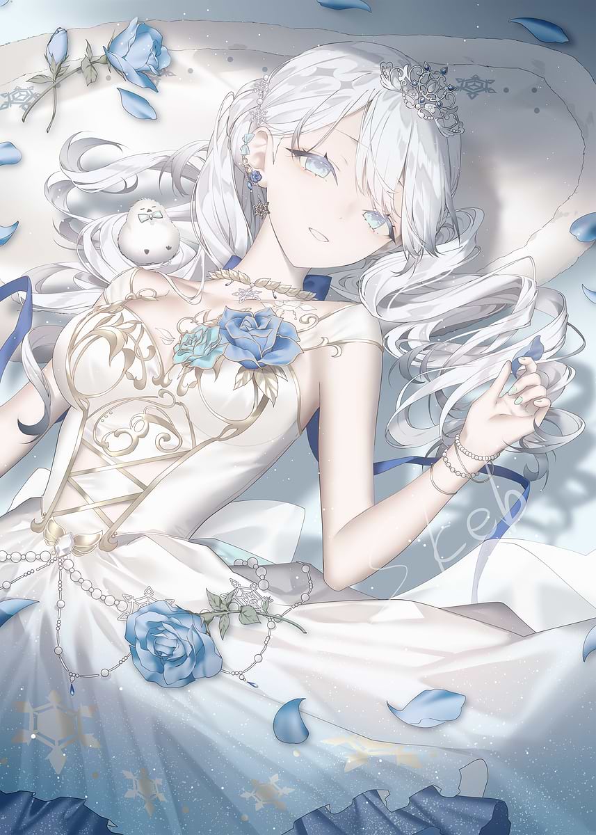 blue anime dresses Girl with Roses' Poster, picture, metal print, paint by tyna xi beautiful anime girl in blue dress Floral Blue and Pink Formal & Prom the president of Gehenna Color:Rose Red