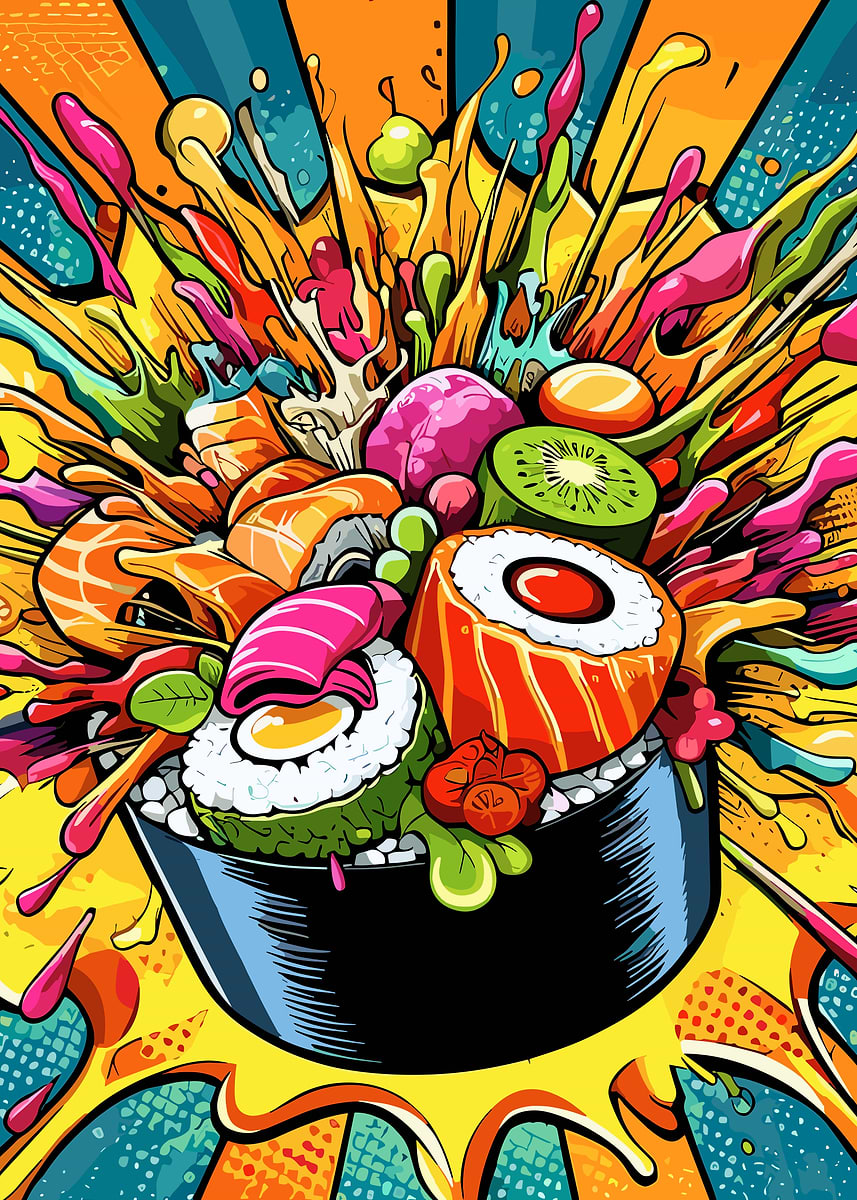 AISHITERU HAGUSHITE. ポップアート Colorful Sushi Explosion Pop Art' Poster, picture, metal print