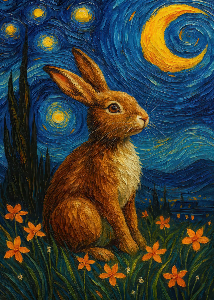 'Rabbit in Starry Night Style' Poster, picture, metal print, paint by ...