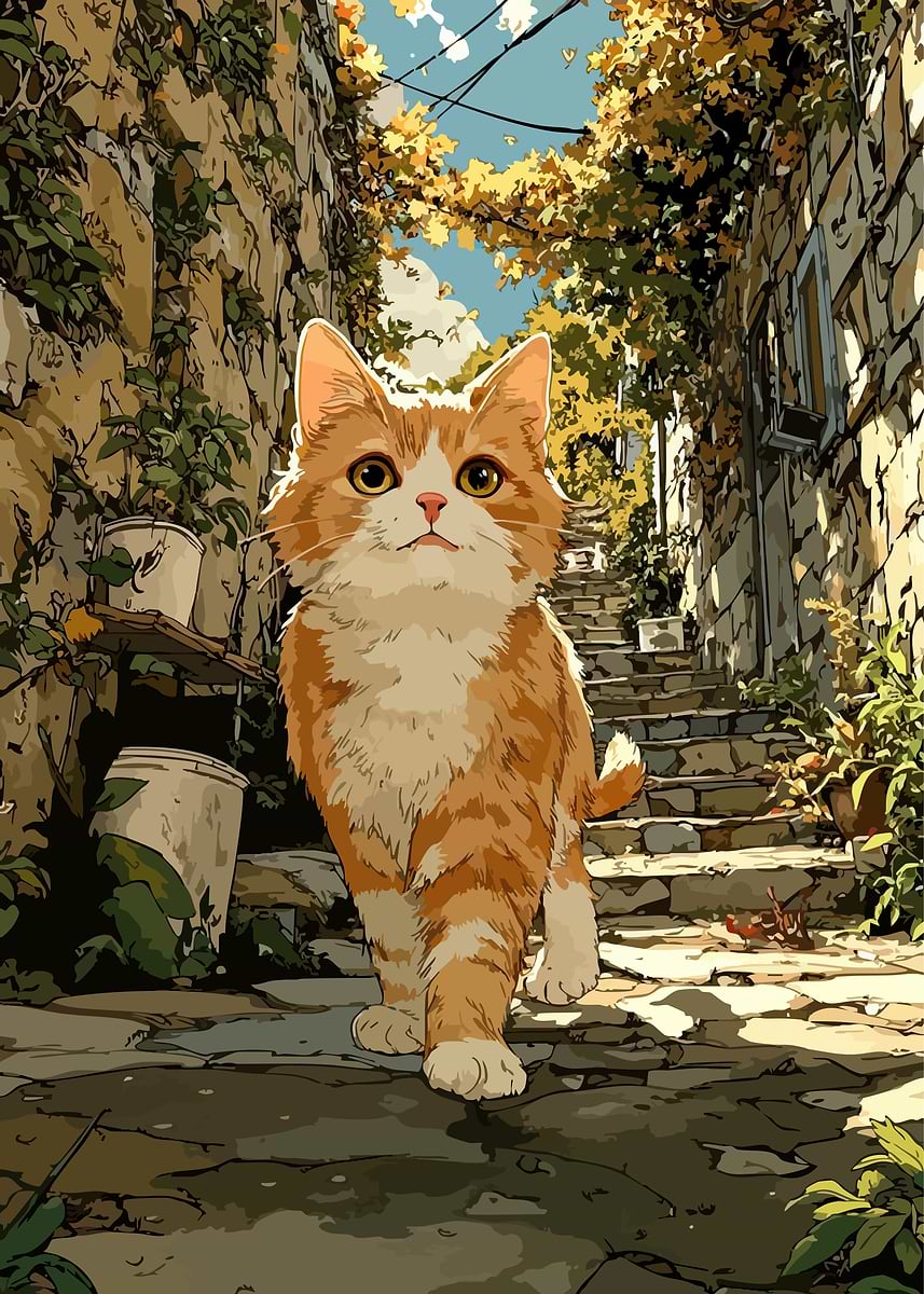 'Ginger Cat in Alleyway Illustration' Poster, picture, metal print ...