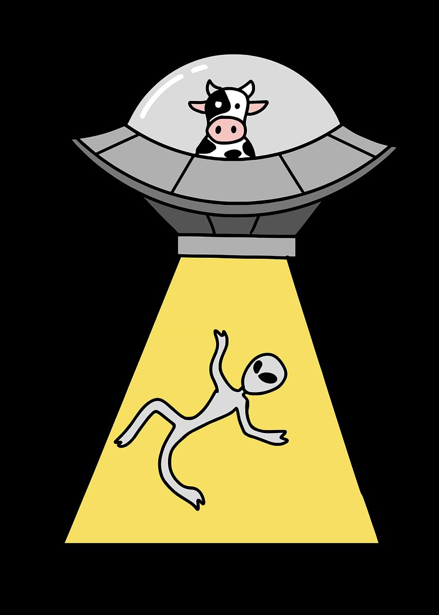 'Cow in UFO Abducting Alien' Poster, picture, metal print, paint by ...