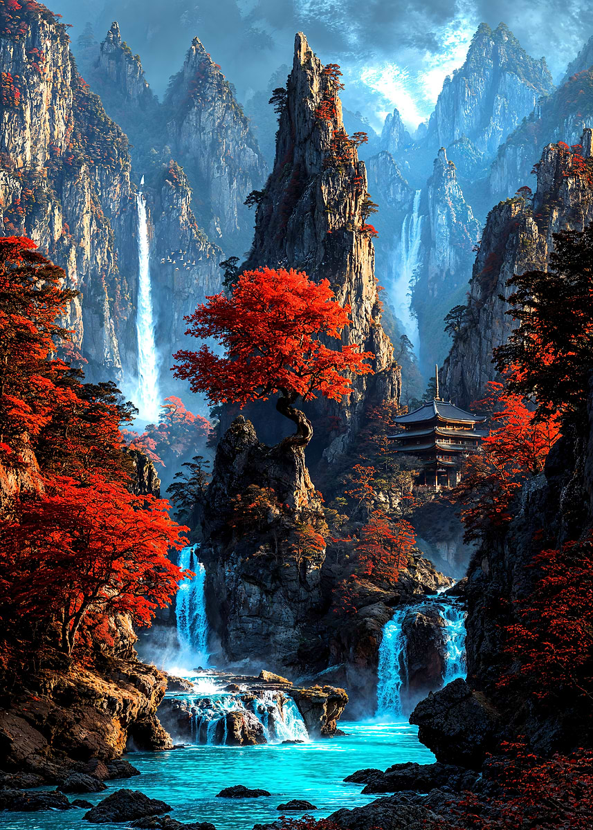 Sanctuary of the Crimson Falls — from the Soul Of Japan collection, a Pixaverse metal print