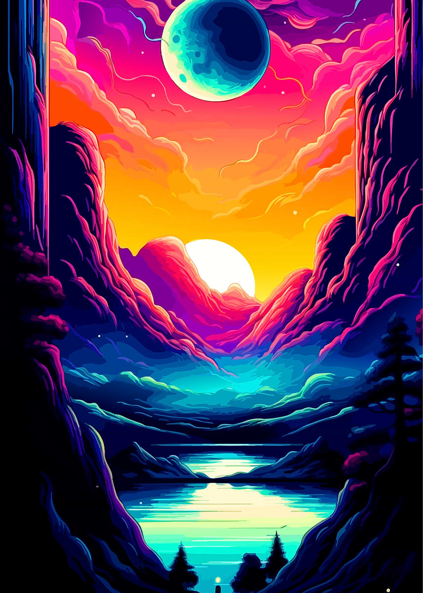 Colorful Landscape with Moon and Sun' Poster, picture, metal print