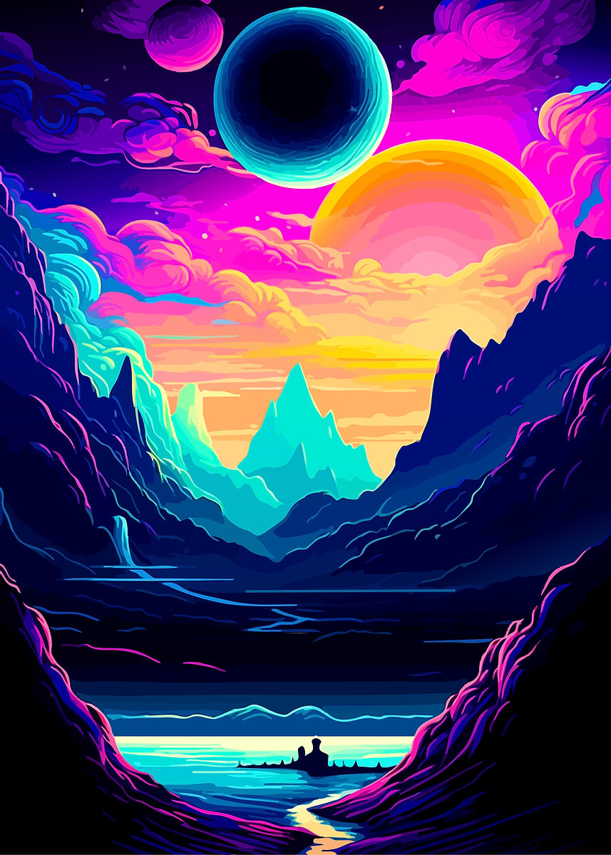 Neon Planet Landscape' Poster, picture, metal print, paint by