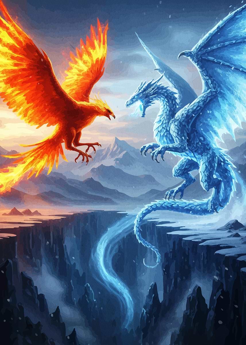 Phoenix and Dragon Confrontation' Poster, picture, metal print
