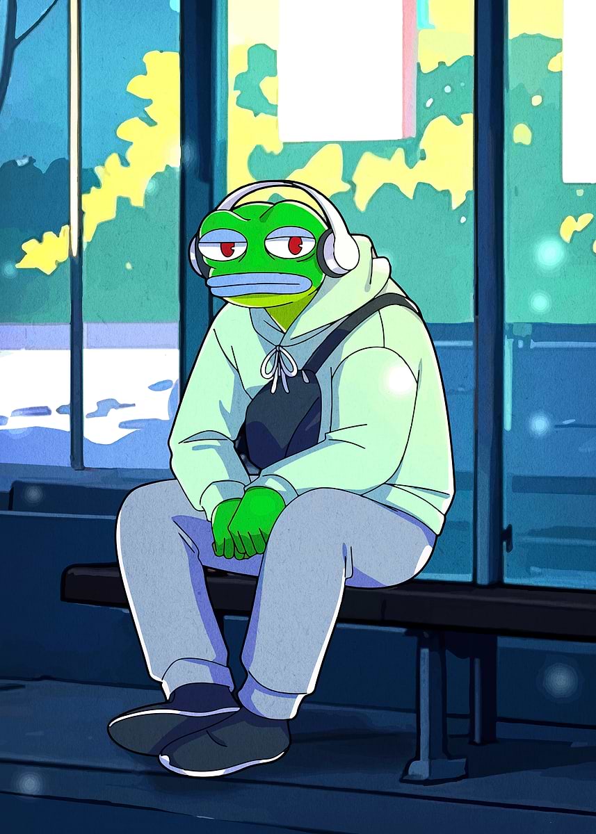 Pepe the Frog at Bus Stop' Poster, picture, metal print, paint by