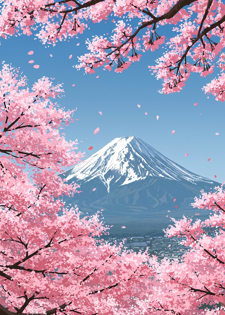 Mount Fuji with Cherry Blossoms' Poster, picture, metal print