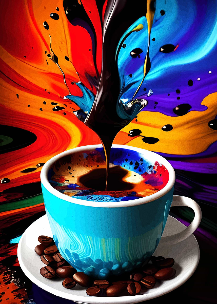 'Colorful Coffee Pouring into Blue Cup' Poster, picture, metal print ...