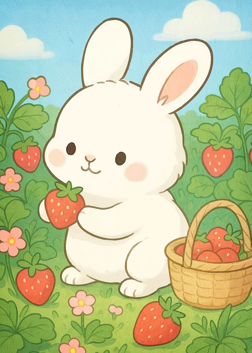 Cute Bunny Strawberries ' Poster, picture, metal print, paint by