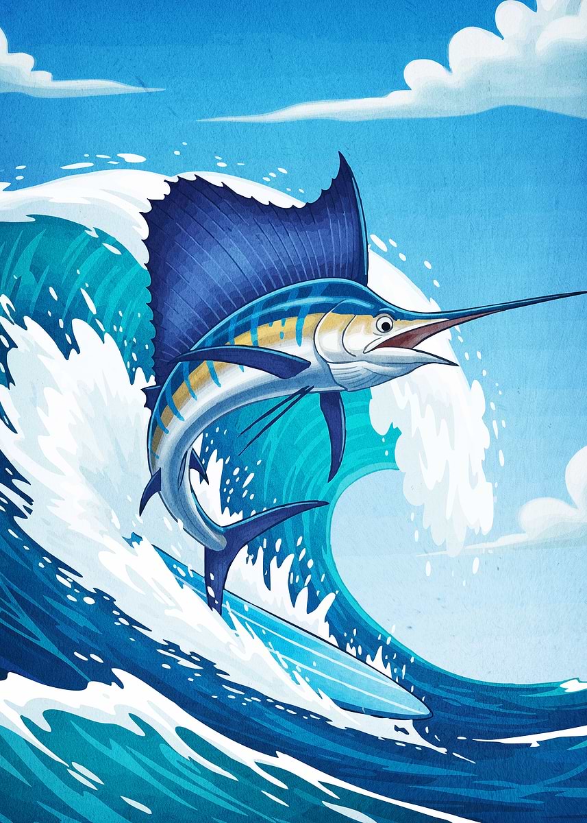 Cartoon Sailfish Surfing Wave' Poster, picture, metal print, paint