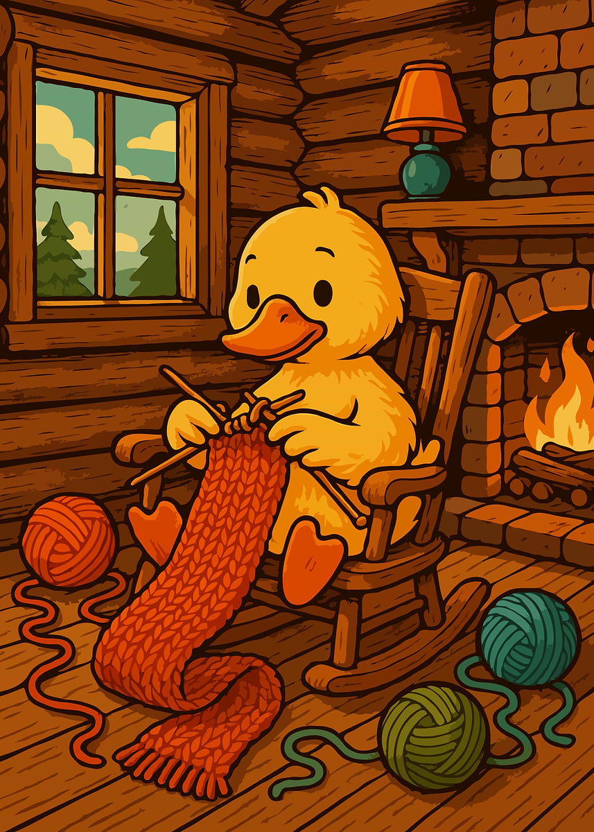 Duck Knitting by Fireplace in Cabin Art Poster, Picture & Metal