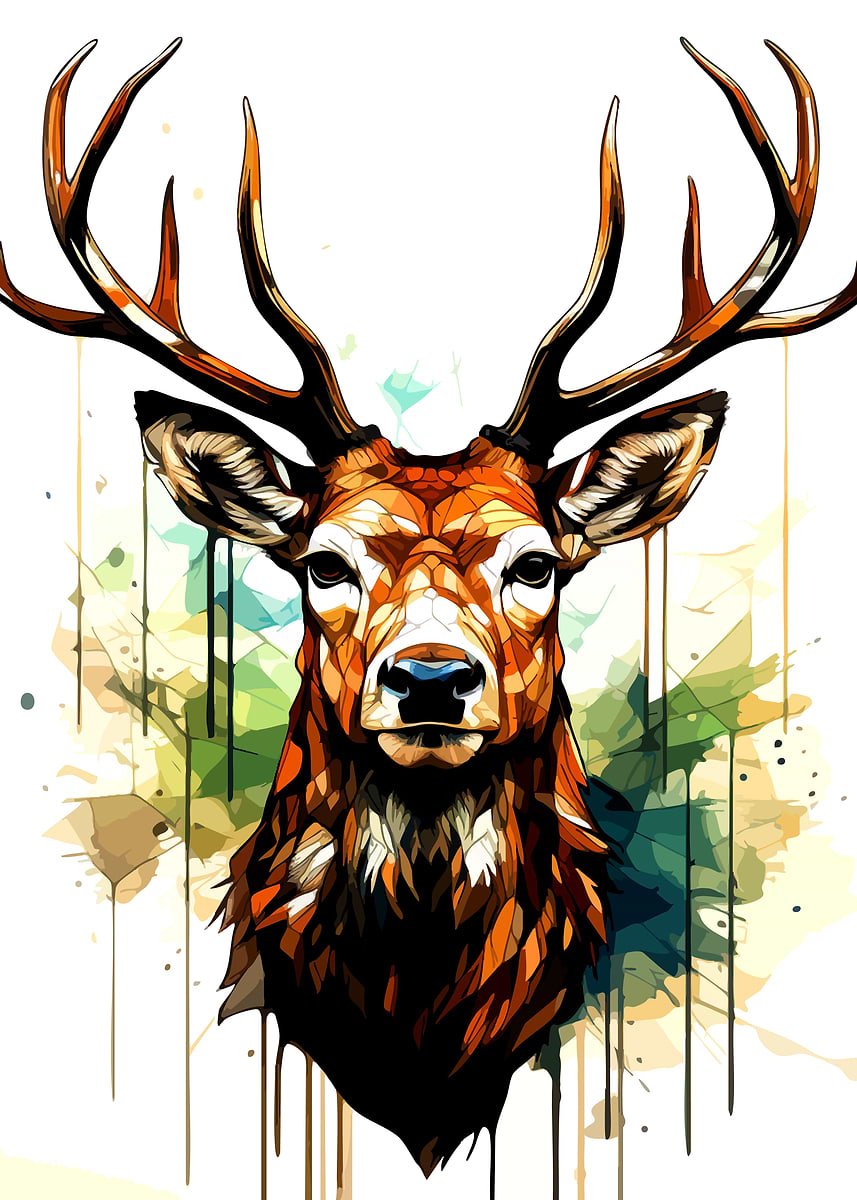 'Abstract Deer Portrait with Watercolor Accents' Poster, picture, metal ...
