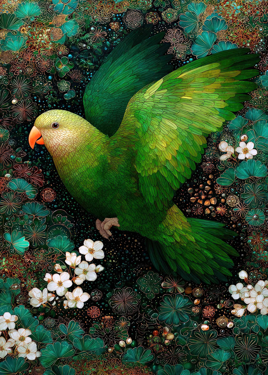 Green Parrot in Floral Paradise' Poster, picture, metal print