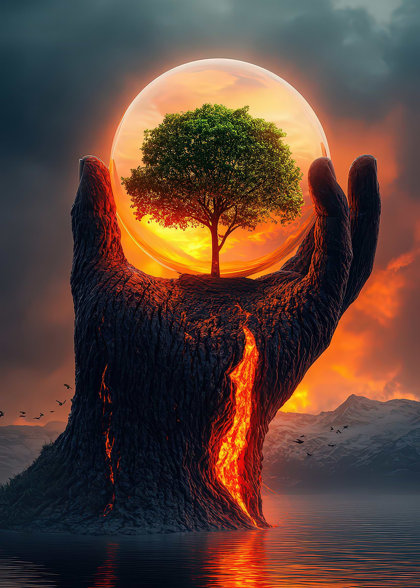 'Tree in Orb Held by Stone Hand' Poster, picture, metal print, paint by ...