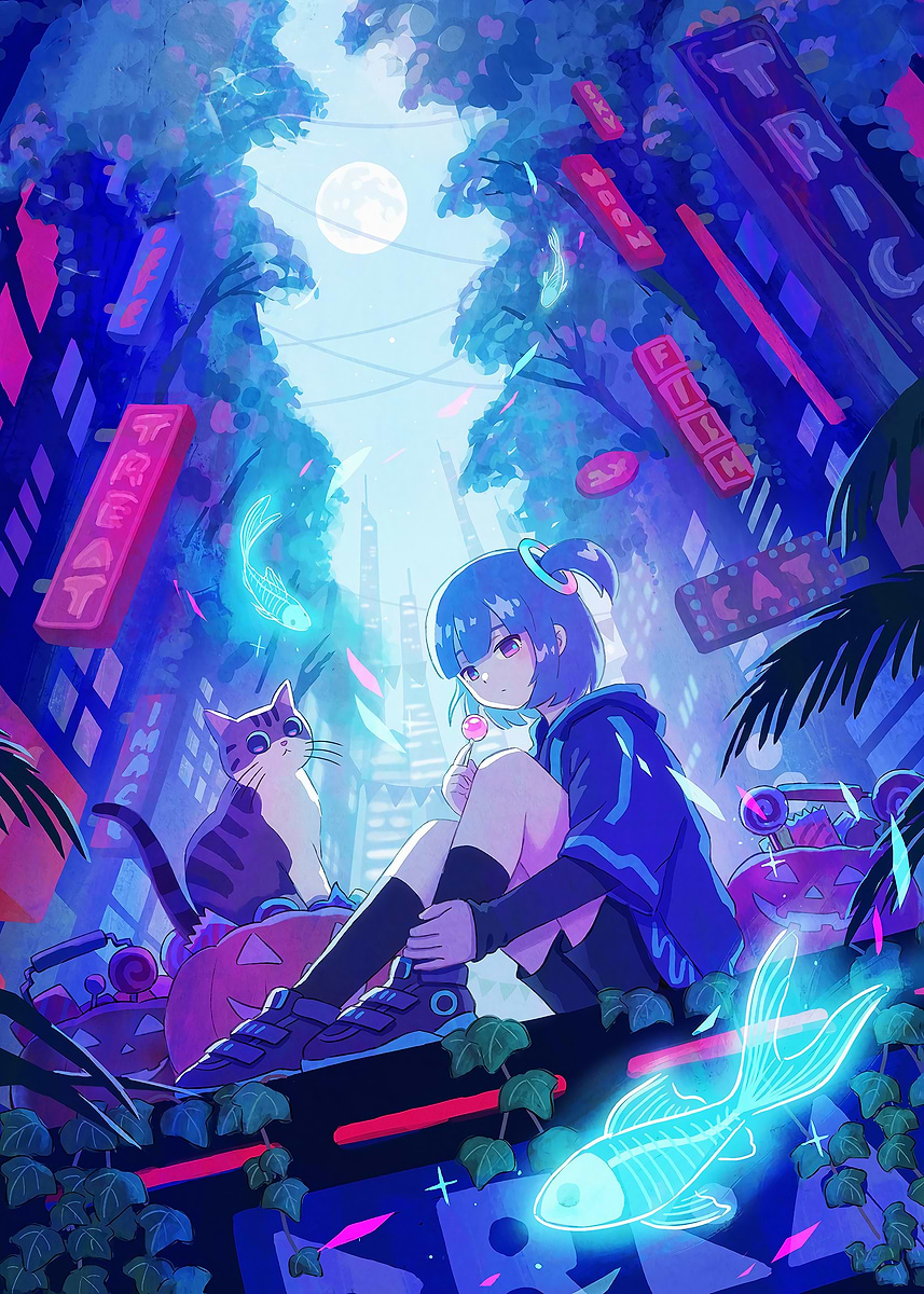 Anime Girl with Cat in Cityscape' Poster, picture, metal print