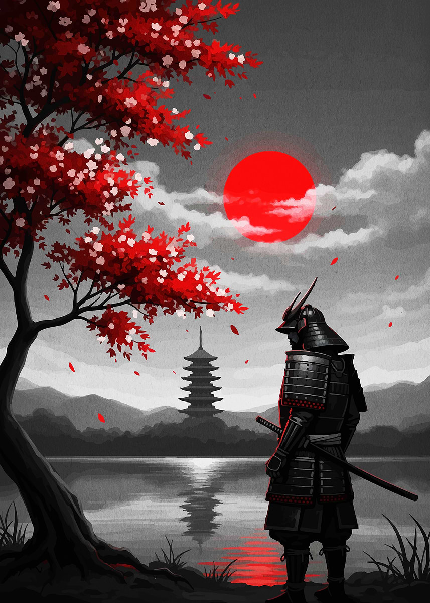 Samurai by Lake with Red Sun' Poster, picture, metal print, paint