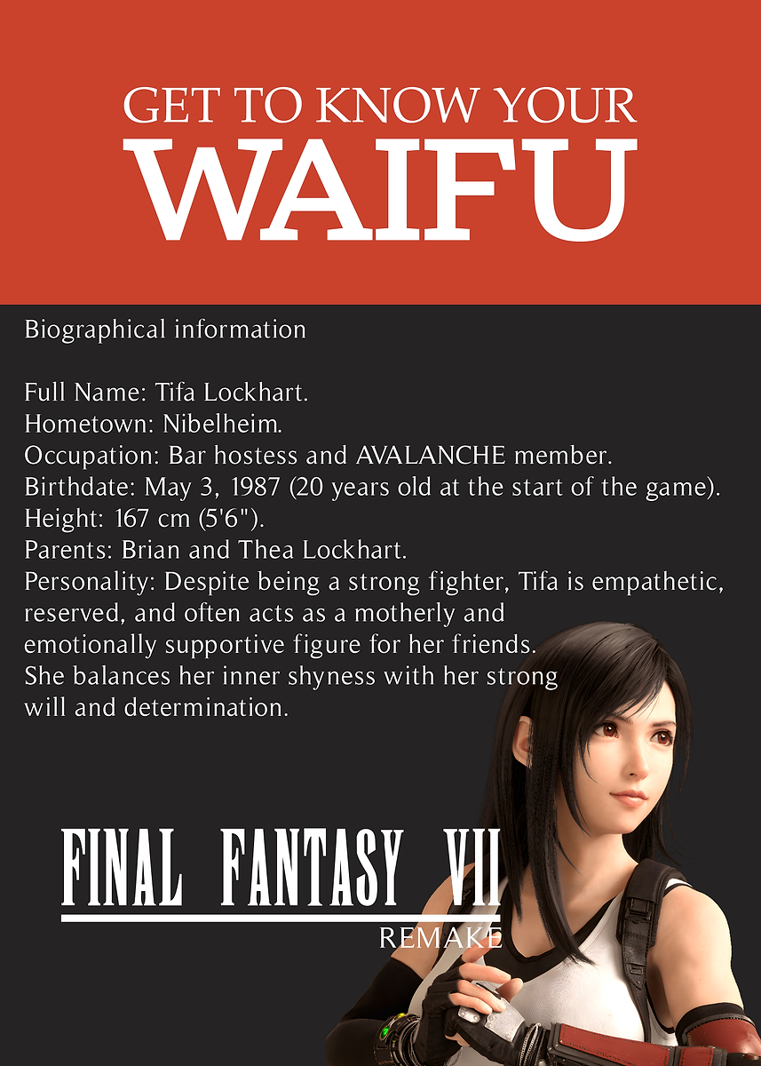 Tifa Lockhart Waifu Guide' Poster, picture, metal print, paint by