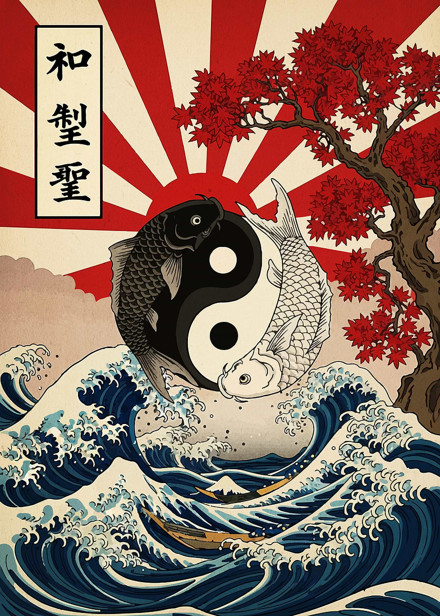 Yin Yang Koi Fish Japanese Art' Poster, picture, metal print