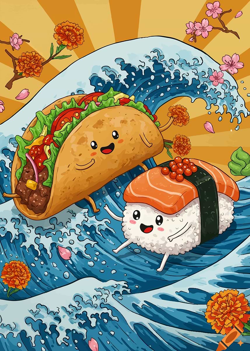 Taco and Sushi on a Wave' Poster, picture, metal print, paint by