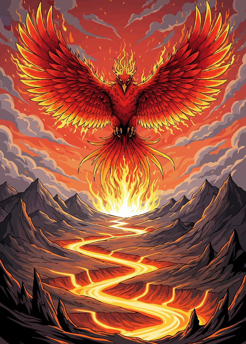 Fiery Phoenix Rising Above Lava River' Poster, picture, metal