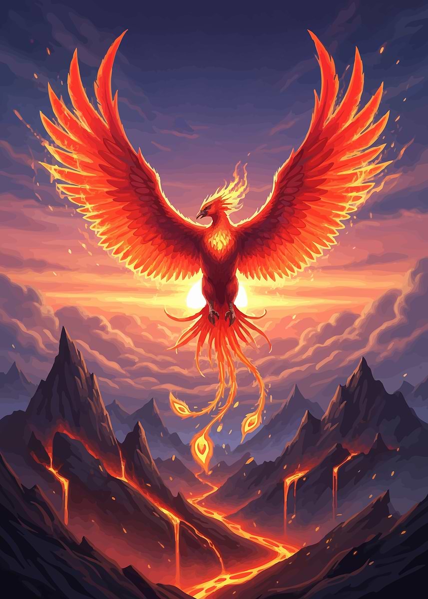 Fiery Phoenix Rising Lava Landscape' Poster, picture, metal print