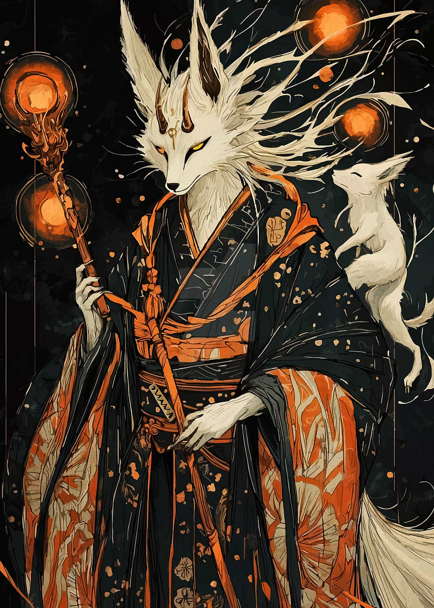 'Kitsune Spirit with Staff and Companion' Poster, picture, metal print ...