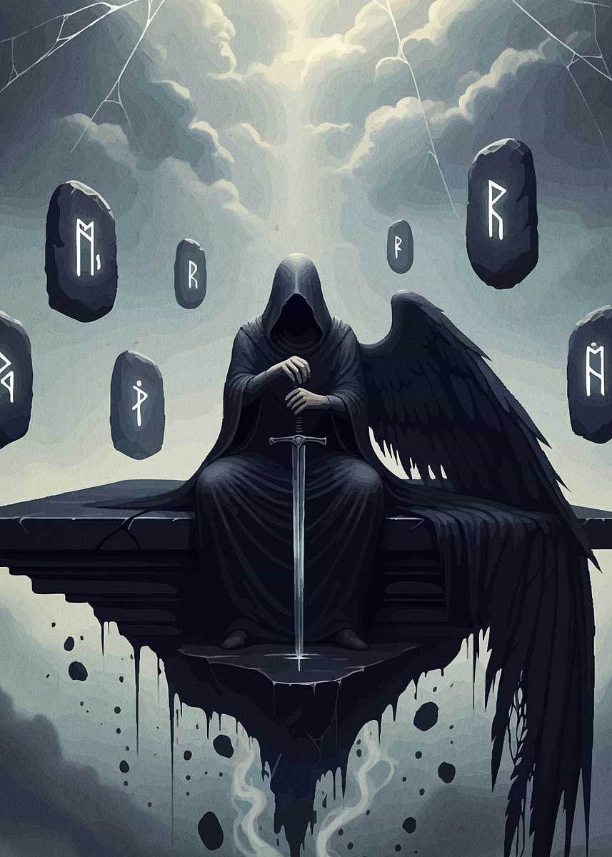 Winged Rune 'Winged Figure Sword Runes' Poster, picture, metal print, paint by ...