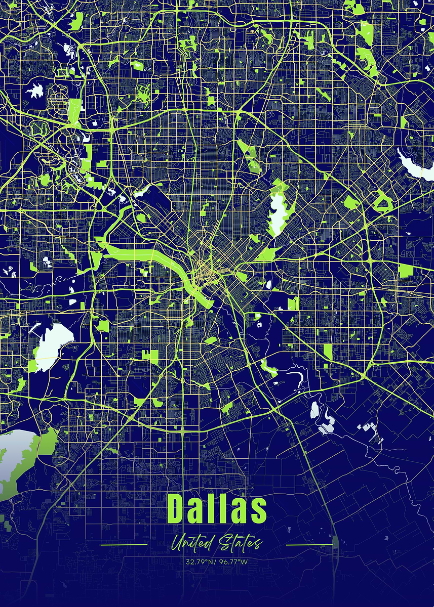 Dallas Simple Color Map 'Dallas City Map - Neon Green' Poster, picture, metal print, paint by ...
