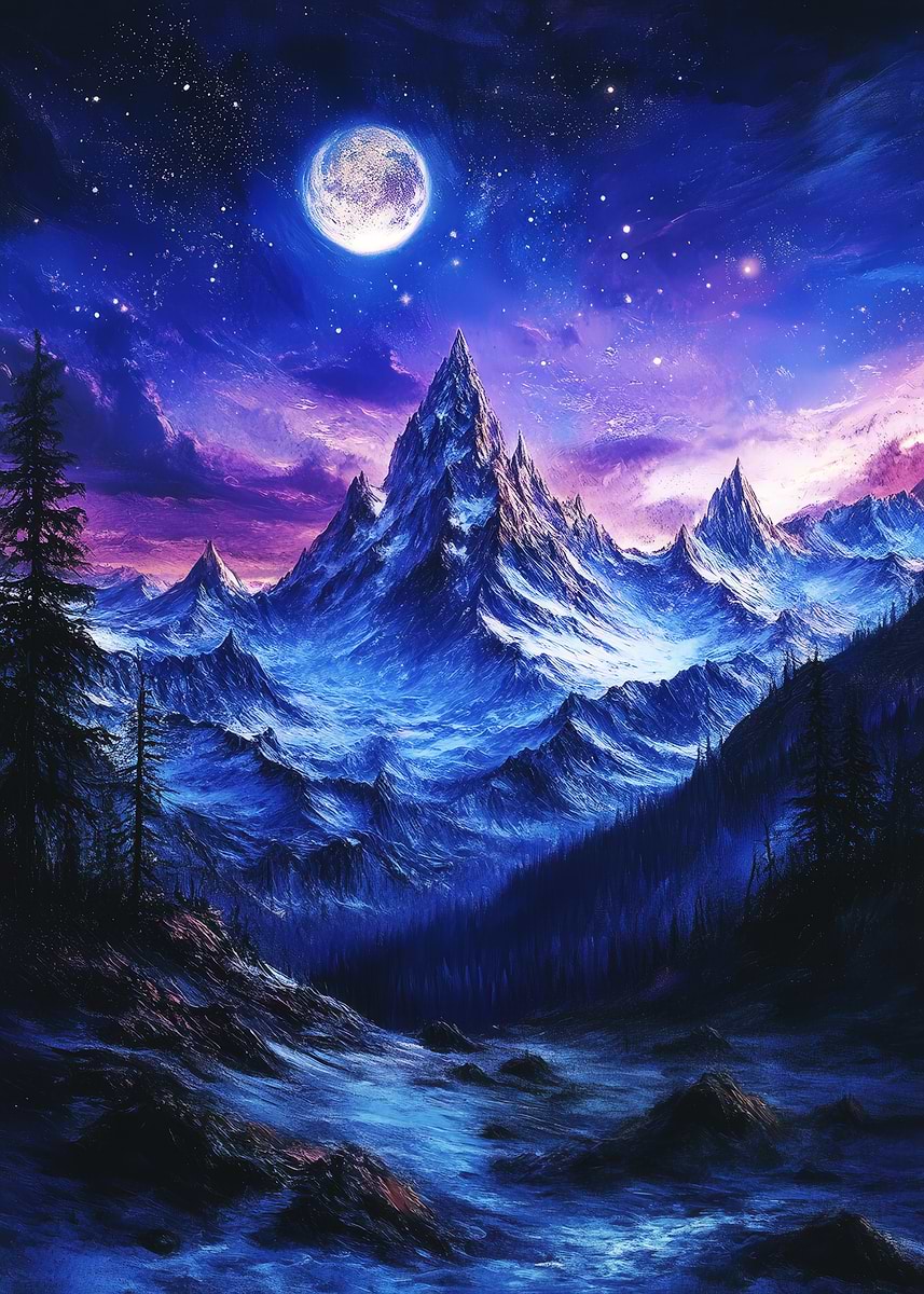 'Majestic Mountain Landscape Under Moonlight' Poster, picture, metal ...