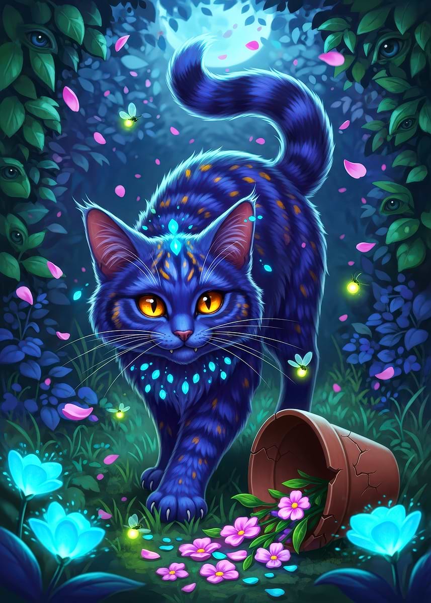Cat Mist Blue 'Mystical Blue Cat in Garden' Poster, picture, metal print, paint by ...