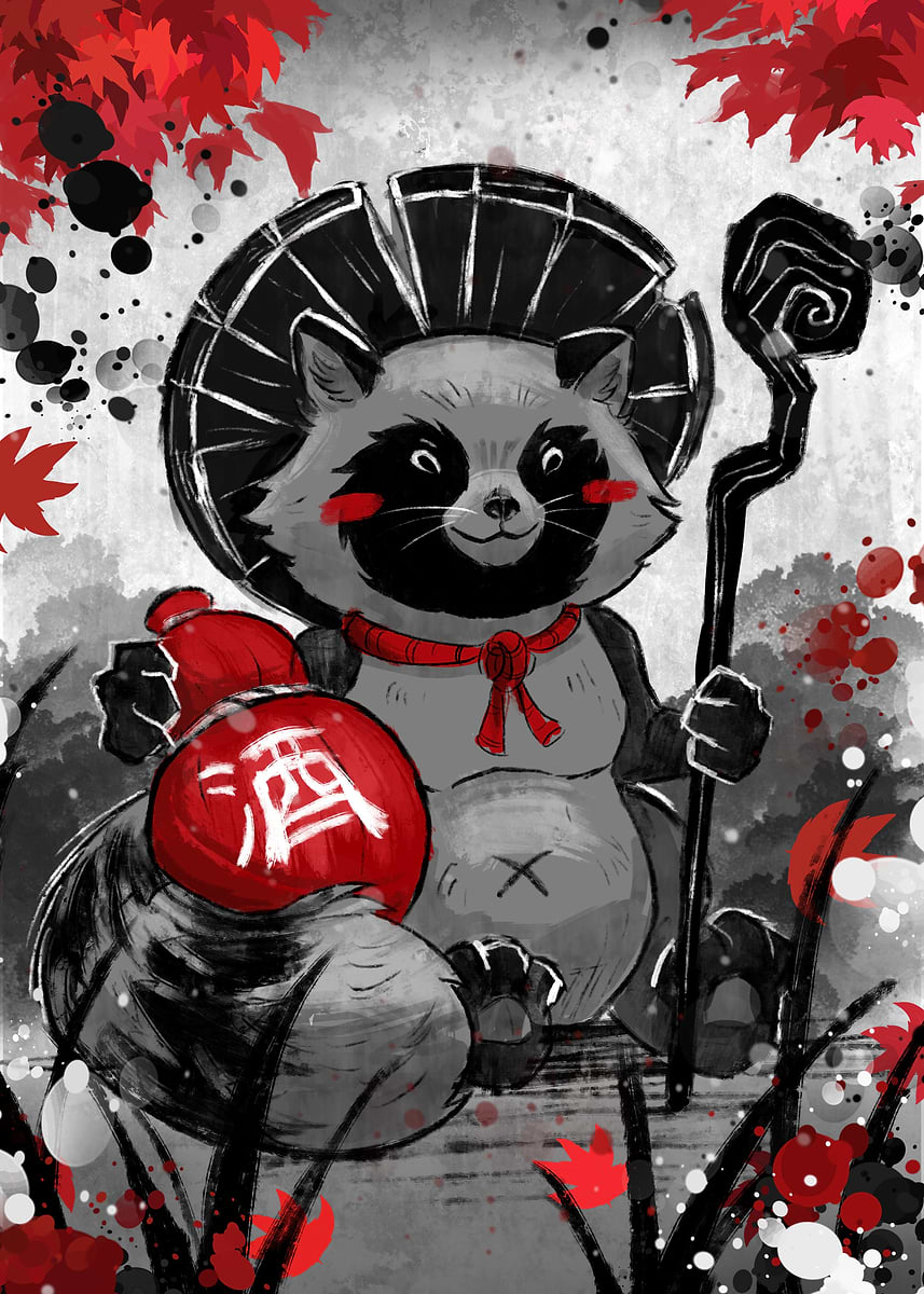 Tanuki Illustration with Sake Bottle' Poster, picture, metal print