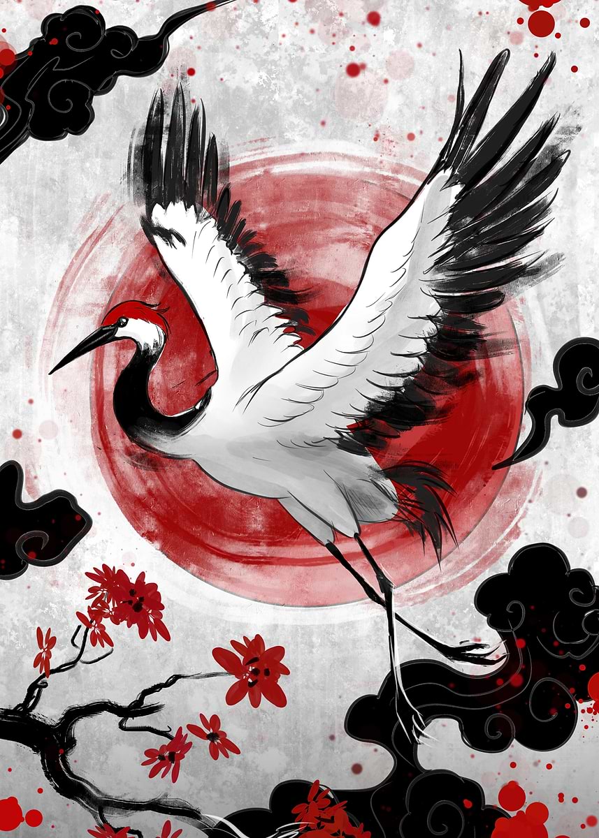 Japanese Crane with Red Sun Digital Art' Poster, picture, metal