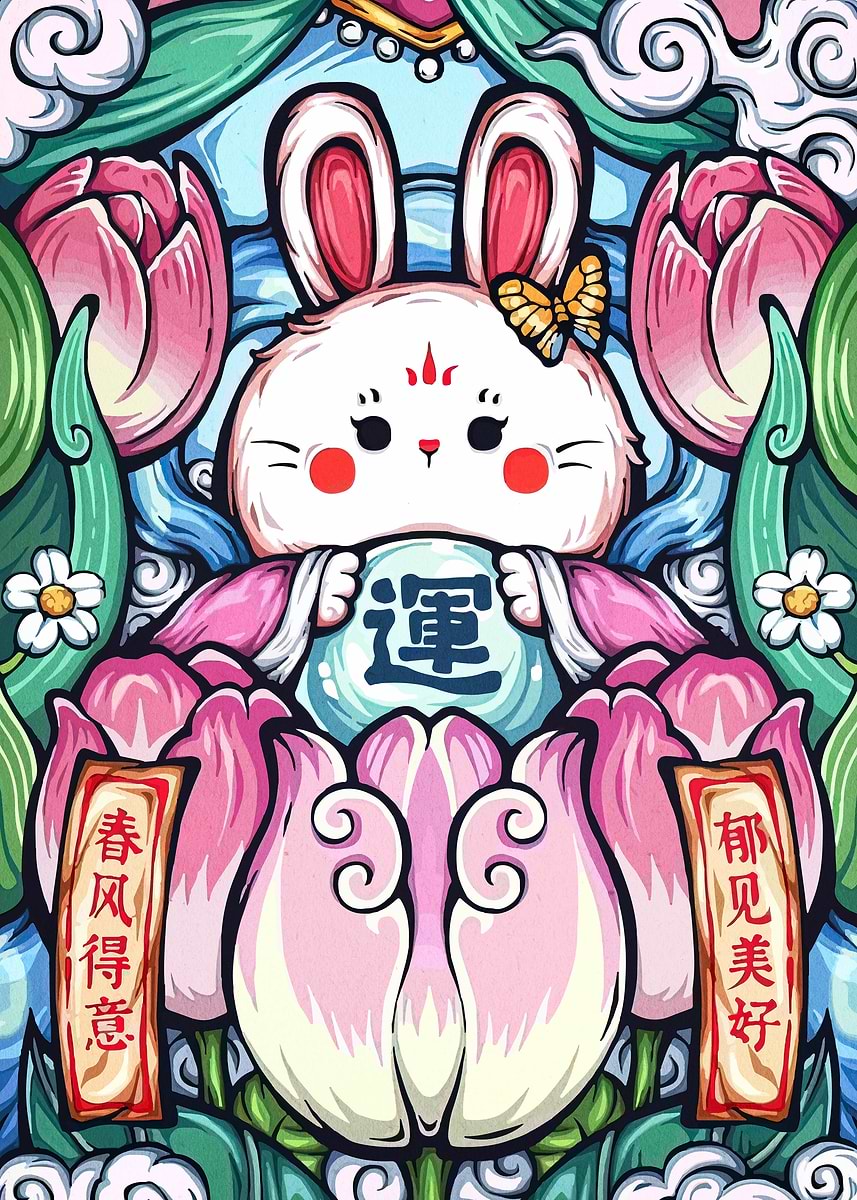 'Rabbit with Lotus Flowers and Calligraphy' Poster, picture, metal ...