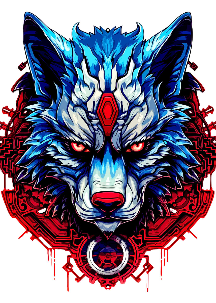 'Blue and Red Wolf Illustration' Poster, picture, metal print, paint by ...