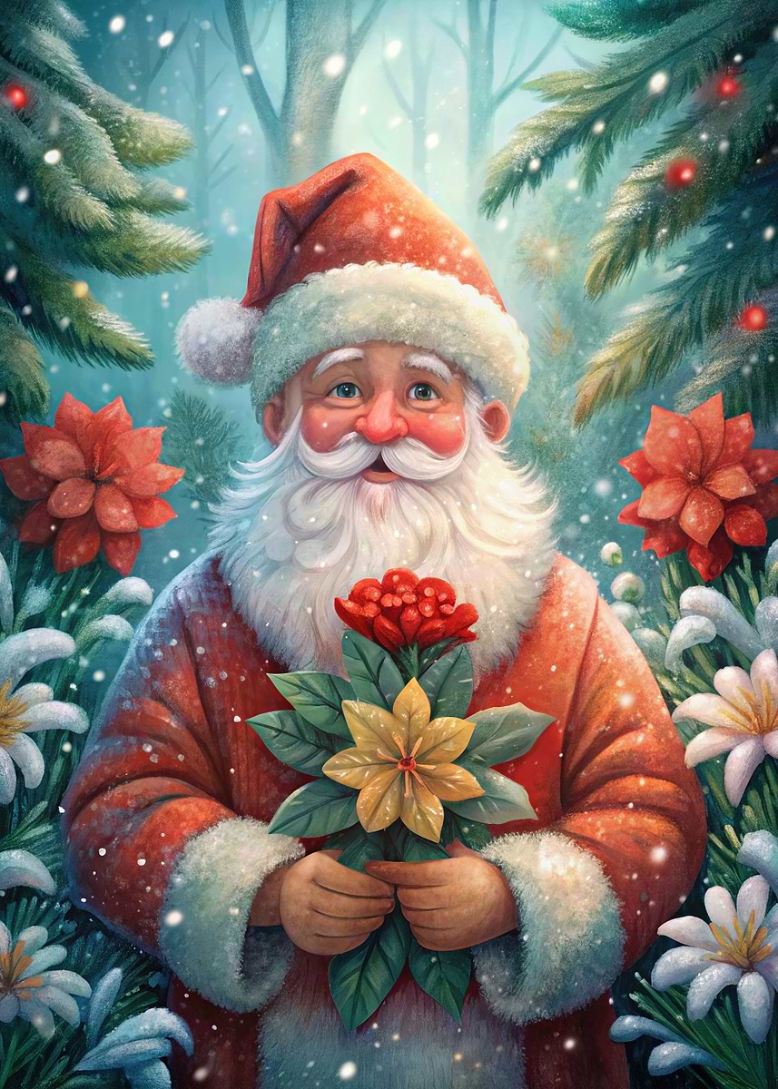 Santa With Roses 'Santa Claus with Flowers in Winter' Poster, picture, metal print ...