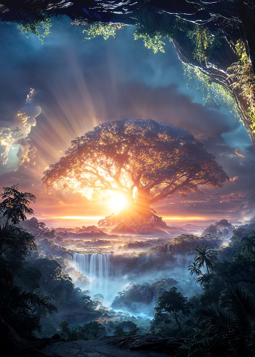 Dawn of the Genesis Tree — from the Alien Worlds collection, a Pixaverse metal print