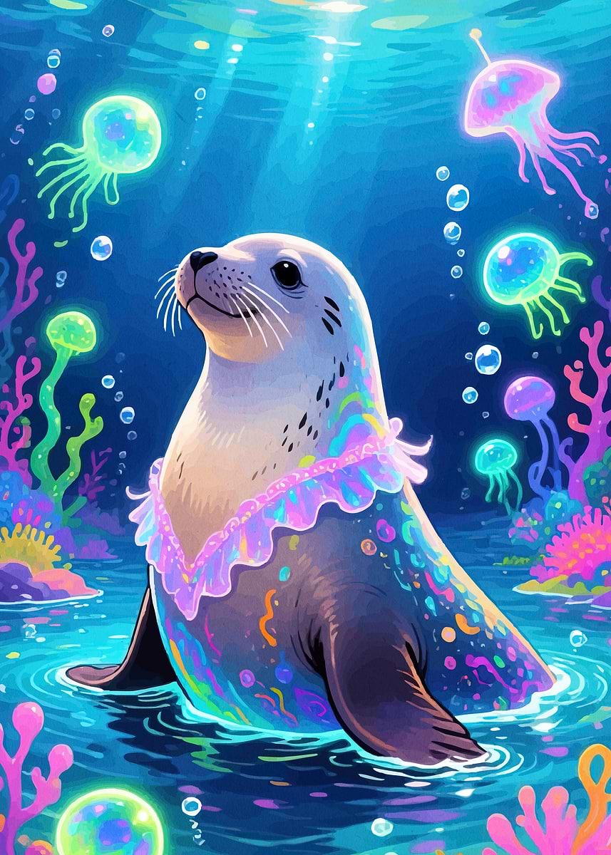 Seal in Ocean Jellyfish' Poster, picture, metal print, paint by